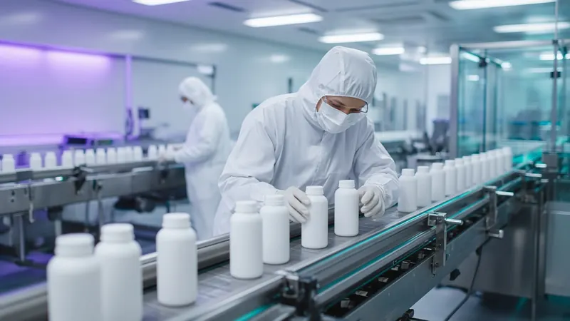 Gowned operators inspecting white plastic bottles on a cleanroom conveyor line