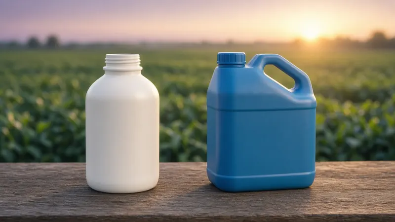 White agro-chemical bottle and blue jerry can in a farm field at sunset