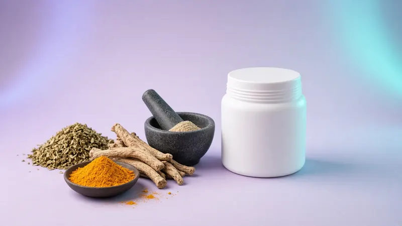 Ayurvedic herbs, turmeric and a mortar beside a white HDPE jar