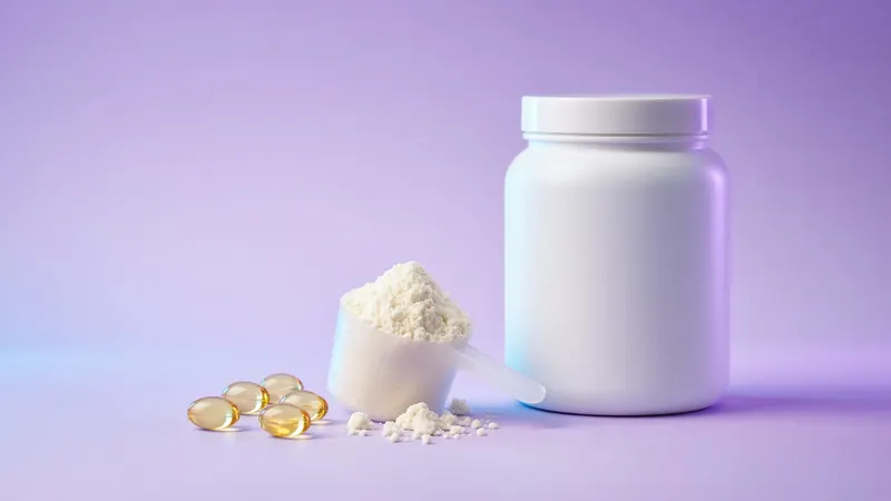 Protein powder scoop, softgel capsules and a white supplement jar